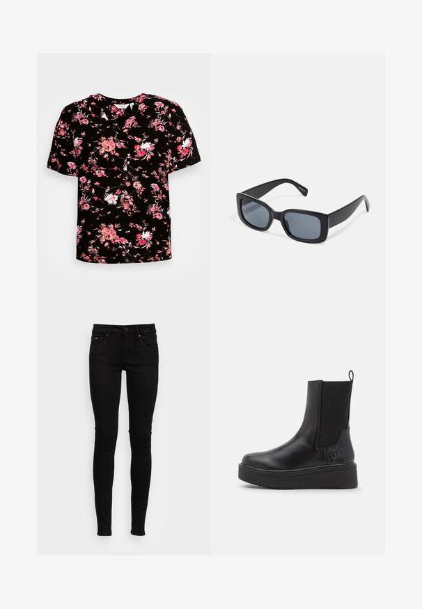 Schwarze Bluse mit kurzen Ärmeln und einem floralen Druck in Pink und Weiß. Verfügt über einen V-Ausschnitt und einen weichen, strukturierten Stoff.; Pepe Jeans SOHO - Jeans Skinny Fit - black; Schwarze Leder-Stiefeletten mit elastischen Seitenpaneelen, strukturierten Akzenten im Krokodilsmuster, kräftiger Plattformsohle und Ziehschlaufe.; Schwarze rechteckige Sonnenbrille mit dunkel getönten Gläsern, dickem Kunstrahmen und breiten Bügeln. Glatte Oberfläche und kantiges Design.