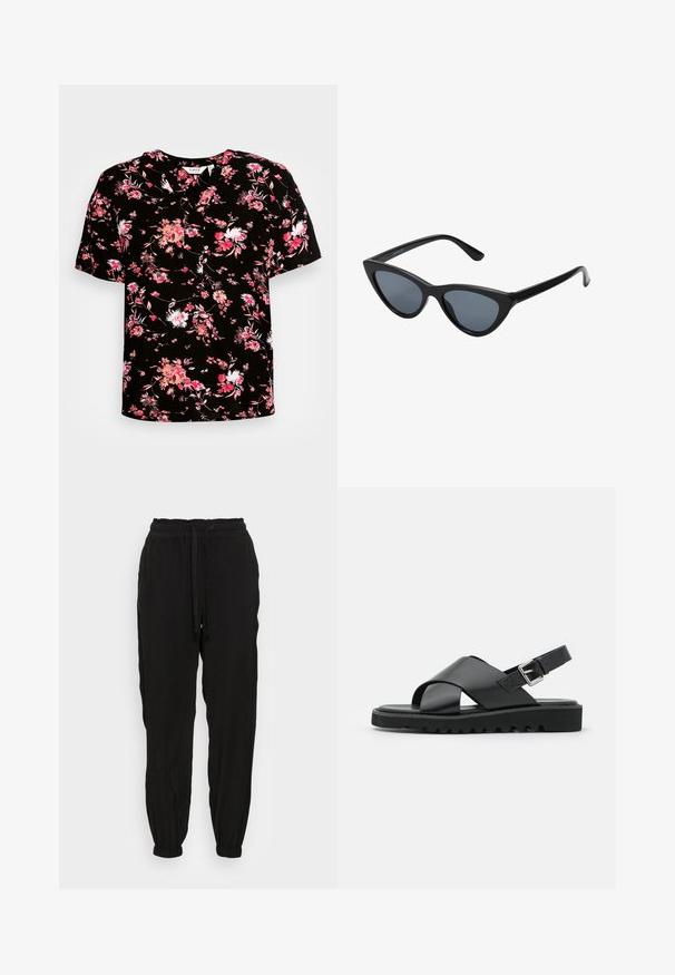 Blouse noire à manches courtes avec un motif floral en rose et blanc. Dotée d'un décolleté en V et d'un tissu doux et texturé.; ONLY ONLARIS LIFE PULL UP PANT - Pantalon classique - black; Sandales en cuir noir avec un design à lanières croisées, boucle réglable et semelle texturée avec des crans pour une meilleure adhérence.; Lunettes de soleil noires en forme d'œil de chat avec des verres gris foncé, monture en plastique élégante, coins pointus et branches droites. Pas de métal visible ni d'accents.