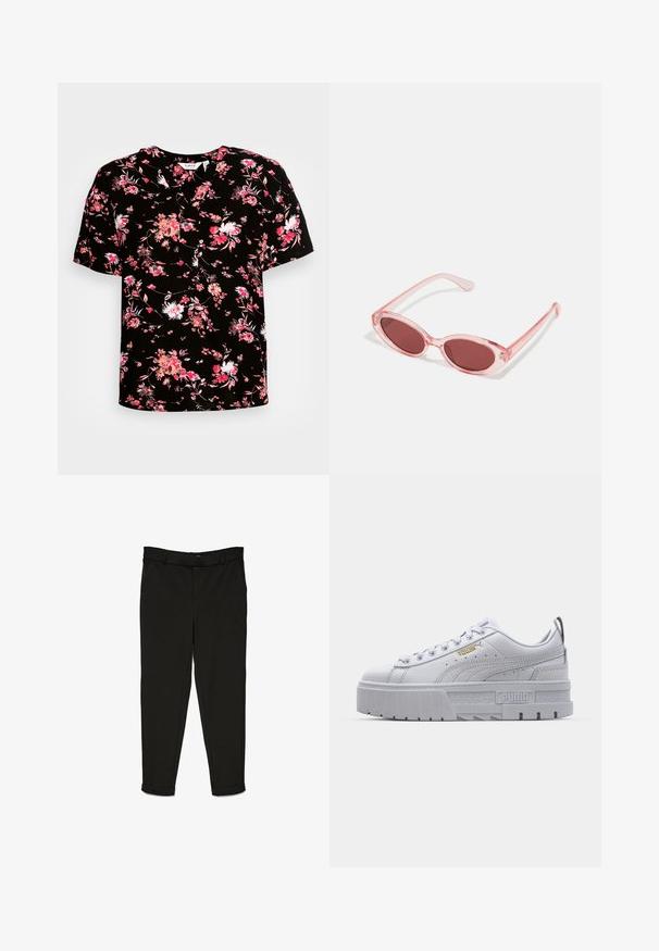 Blusa negra de manga corta con estampado floral en rosa y blanco. Presenta un escote en V y una tela suave y texturizada.; Pantalones negros de tela tejida, con un diseño de corte recto, parte delantera plana y puños en los tobillos para un aspecto estilizado.; Zapatillas de plataforma blancas con parte superior de cuero suave, cuello acolchado, suela de goma gris y detalles dorados que presentan el logo de Puma.; Gafas de sol transparentes rosas con lentes ovalados, tinte rojo oscuro y varillas delgadas, con un acabado suave y detalles sutiles en la montura.