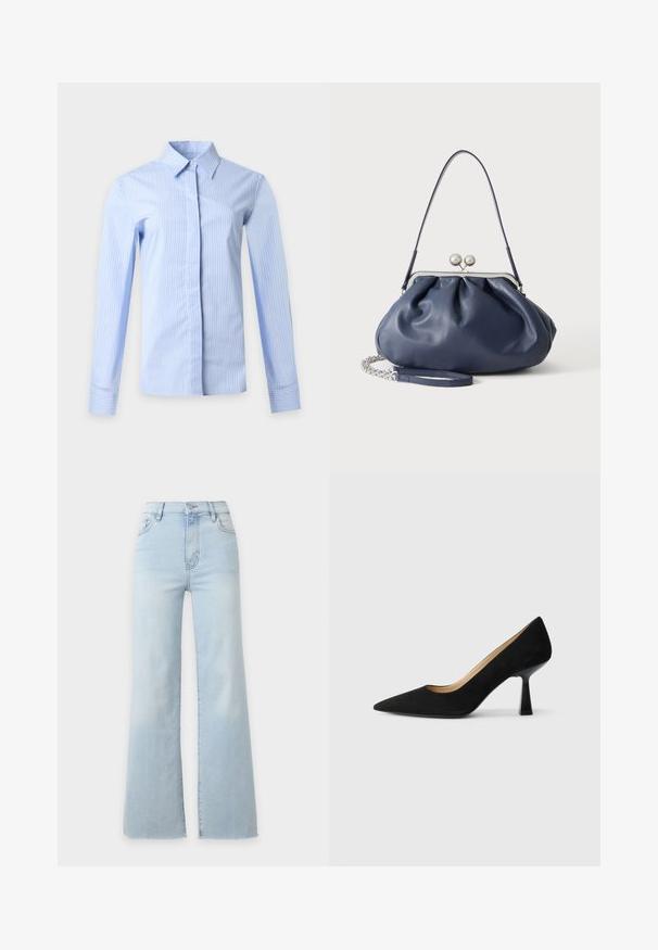 Chemise bleu clair à manches longues avec des rayures verticales blanches, un col pointu et une patte de boutonnage cachée sur un fond clair uni.; Jean en denim bleu clair taille haute avec jambes larges, fermeture à boutons et zip à l’avant, et poches avant, présenté sur un fond uni.; Pompe à talons hauts en suède noir avec un bout pointu, dotée d'un talon bloc noir brillant et d'une doublure intérieure lisse.; Sac à main en cuir bleu marine doux avec fermeture à boucle argentée, une seule bandoulière, et une chaîne de poignet amovible sur fond blanc.