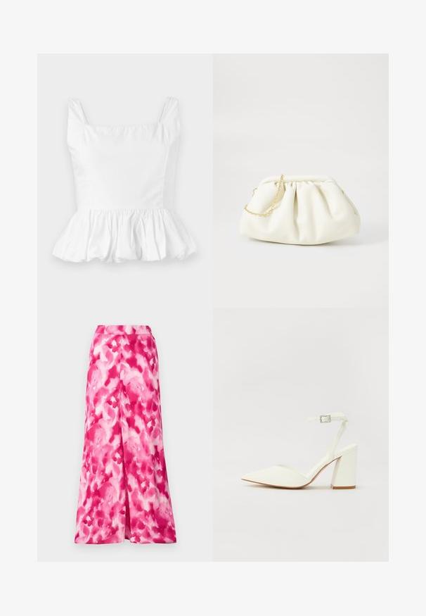 Biely peplum top s hranatým výstrihom a tenkými ramienkami. Vyrobený z hladkej, ľahkej tkaniny s nariaseným volánom na leme.; Ružová vzorovaná sukňa s voľným strihom a širokými nohavicami, vyrobená z hladkej, ľahkej látky. Vzor obsahuje variácie svetloružovej a tmavoružovej.; Biele sandále na ihlovom podpätku s špicatou špičkou, nastaviteľným remienkom okolo členku a masívnym štvorcovým podpätkom. Hladká textúra s minimom švíkov.; Biela kožená kabelka so zahnutej konštrukciou, so zlatým reťazovým popruhom a zaobleným tvarom. Hladká textúra s jemnými záhybmi a bez vzorov.