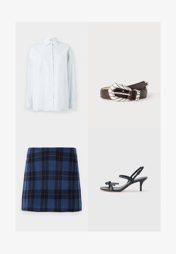 Chemise à rayures bleu clair à boutons, fabriquée dans un tissu à texture lisse ; elle possède un col classique et des manches longues avec des poignets à bouton.; Jupe mini en tartan bleu foncé et marine, fabriquée en tissu doux avec une finition légèrement texturée. Présente une coupe droite et des lignes épurées.; Sandale à talon en cuir noir avec des lanières fines, un petit nœud décoratif sur le dessus de l'orteil et une bride de cheville ajustable avec une boucle.; Ceinture en cuir marron foncé avec grande boucle torsadée argentée et passant de ceinture argenté assorti sur fond blanc.