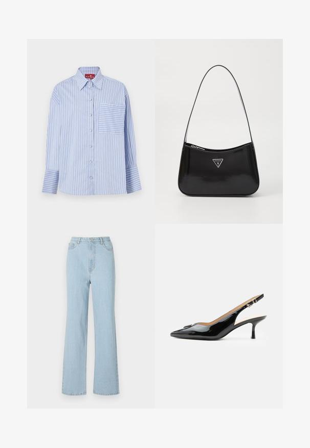 Blå og hvid stribet skjorte med krave, lange ærmer, frontknapper og en venstre brystlomme med matchende striber.; Lysblå denimbukser med høj talje, afslappet pasform, brede ben og klassisk fem-lomme design. Har en metalknap og lynlås lukning.; Sort patentlæder slingback hæl med spids tå, lille kitten hæl og sølvspænde på en ensartet hvid baggrund.; Sort patenteret læder skuldertaske med en buet form, prydet med et sølvfarvet trekantet logo og en lynlås-lukning. Glat tekstur og slank rem.