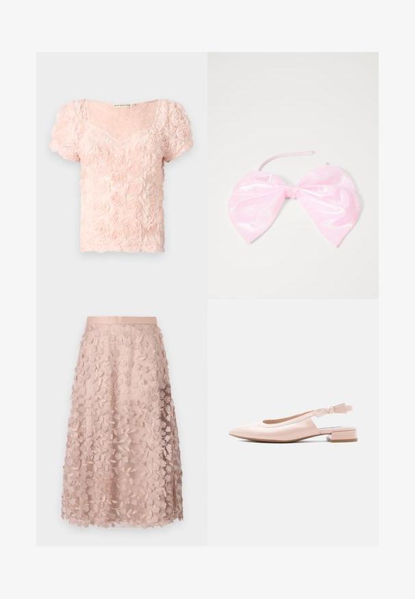 Lyserød kortærmet bluse med 3D blomstermønster af roser og en rundet V-udskæring på ensfarvet baggrund.; Blonder midi-nederdel i blød pink med blomstermotiver, der har en tætsiddende linning og lagdelt design, hvilket fremhæver en delikat struktur.; Skinnende bleg rosa slingback flad sko med lav blokhæl og mærkejusterbar rem på lys baggrund.; Lyserød, blank hårtilbehør formet som en stor sløjfe, med en glat overflade og et tyndt bånd til at sikre den på plads.