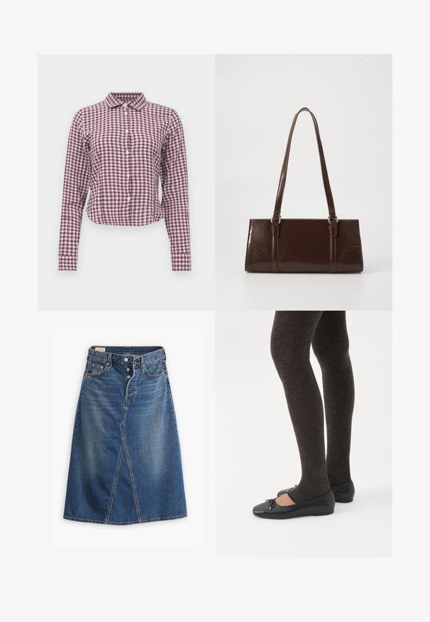 Camisa de botonadura de manga larga en un patrón de cuadros rosa y morado. Presenta un cuello, un dobladillo curvado y una textura de tejido suave.; Falda de mezclilla en tono azul medio con forma de Línea A, abertura delantera, cinco bolsillos y cierre de botones en la cintura.; Piernas con leggings oscuros acanalados combinados con bailarinas negras que presentan pequeños detalles de lazo sobre un fondo blanco.; Bolso de mano de piel sintética marrón con forma rectangular, dos asas largas y sutiles acentos curvados en la parte delantera.