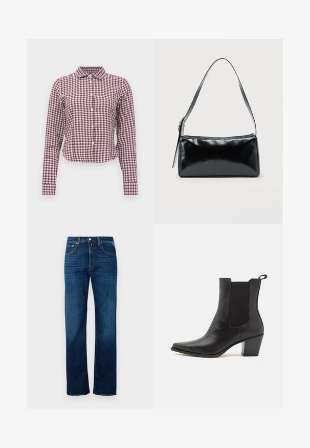 Camisa de botonadura de manga larga en un patrón de cuadros rosa y morado. Presenta un cuello, un dobladillo curvado y una textura de tejido suave.; Jeans de mezclilla en azul oscuro con un diseño de pierna recta, estilo de cinco bolsillos y un ligero desvanecimiento. Presentan un cierre frontal con botón y hebillas para cinturón.; Dolce Vita SHADIE - Botines - black; Bolso de hombro rectangular negro con una correa ajustable y un cierre de cremallera superior sobre un fondo liso.