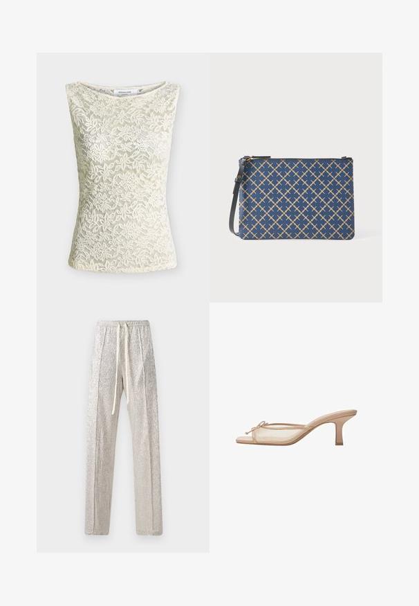 Haut sans manches beige en dentelle avec motif floral, encolure ronde et silhouette ajustée.; Pantalons argentés texturés avec une coupe décontractée. Présentent une taille avec cordon de serrage et un léger éclat. Design à jambe droite sans embellissements supplémentaires.; Mule beige à bout ouvert avec côtés en mesh transparent, petit talon kitten bas et un petit nœud sur la bride avant.; Pochette bleu marine avec motif géométrique doré, fermeture éclair et bandoulière noire amovible. Finition texturée avec une forme rectangulaire élégante.