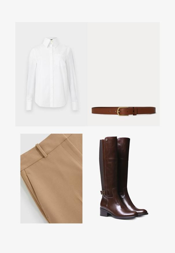 Witte lange mouwen shirt van katoen, met een spitse kraag, een borstzak en knoopsluiting aan de voorkant. Gave textuur.; Beige broek met een gladde textuur, een platte voorkant en riemlussen. De stof heeft een subtiel diagonale weefpatroon.; Bruine leren laarzen tot de knie met een gladde afwerking, contrasterend stofpaneel, enkelgesp detail en lage blokhak.; Bruine leren riem met een goudkleurige rechthoekige gesp en meerdere verstelgaatjes op een witte achtergrond.