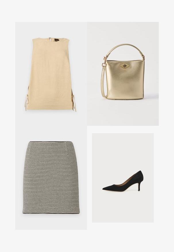 Robe beige sans manches avec fentes latérales nouées par des nœuds, col montant et fermeture éclair au dos avec étiquette de la marque Boss visible.; Mini-jupe droite à motif pied-de-poule noir et blanc, taille haute, sans ornements ni poches visibles.; Escarpin en daim noir à bout pointu, talon aiguille de hauteur moyenne et semelle intérieure beige sur fond clair.; Sac à main seau métallique doré avec poignée supérieure, bandoulière amovible et plaque logo Replay en forme de diamant.