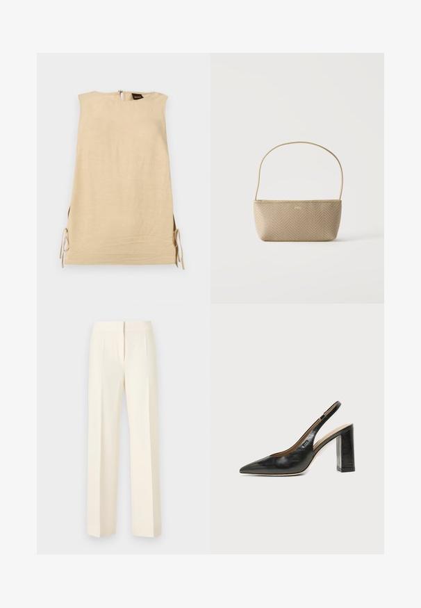 Robe beige sans manches avec fentes latérales nouées par des nœuds, col montant et fermeture éclair au dos avec étiquette de la marque Boss visible.; Pantalon droit sur mesure couleur blanc cassé avec pli avant, ceinture et fermeture avant dissimulée sur un fond uni.; Chaussure slingback en cuir noir à bout pointu avec un talon bloc haut et une doublure intérieure beige sur un fond clair uni.; Sac à main tissé beige avec fine bandoulière et petit logo doré "BOSS" à l'avant, présenté sur fond blanc uni.