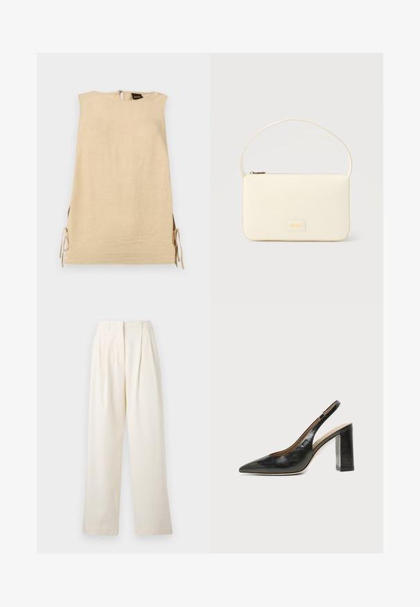 Ärmelloses beiges Kleid mit seitlichen Schlitzen, die mit Schleifen gebunden sind, hoher Halslinie und Rückenreißverschluss mit sichtbarem Boss-Logo.; Beige weit geschnittene Hose aus glattem Stoff, mit Falten vorne, hoher Taille und geradem Schnitt bis zum Saum.; Schwarzer Leder-Slingback-Schuh mit spitzer Kappe, hohem Blockabsatz und beigegefüttertem Innenraum vor hellem, einfarbigem Hintergrund.; Rechteckige Handtasche in Cremefarbe mit einem einzelnen Trageriemen und Reißverschluss oben, ausgestattet mit einer kleinen, geprägten Logoplakette vorne.