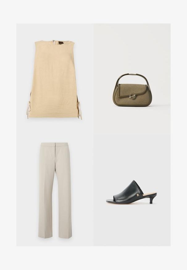 Robe beige sans manches avec fentes latérales nouées par des nœuds, col montant et fermeture éclair au dos avec étiquette de la marque Boss visible.; Pantalons beiges à jambes droites avec une taille plate et sans quincaillerie ou motifs visibles. Fabriqués en tissu lisse, avec un design épuré.; Mules ouverts en cuir noir avec un talon bas. Présentent une surface lisse et un accent logo doré sur le côté.; Petit sac à main vert olive avec des bords arrondis, une poignée supérieure et une fermeture à rabat sécurisée par un fermoir métallique circulaire.