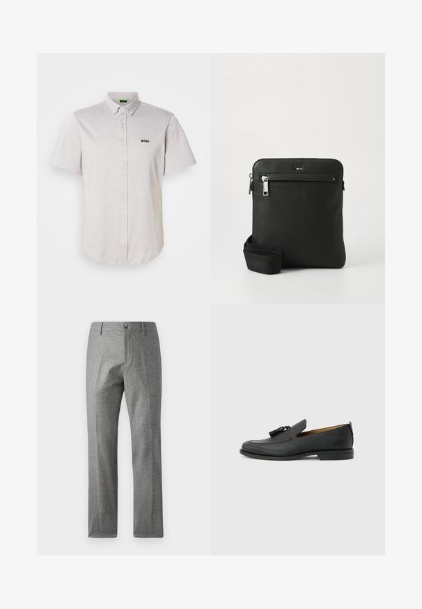 Polo de manga corta, color gris claro, confeccionado en tela texturizada, con cuello abotonado, botones delanteros y un pequeño logo negro.; Pantalones grises texturizados con un diseño de pierna recta, que presentan un cierre frontal con botón y cremallera. Detalle sutil de patrón de espiga.; Mocasín negro de cuero para hombre con borlas, punta redonda, tacón bajo y pestaña para tirar en la parte trasera, mostrado de perfil lateral sobre un fondo gris claro.; Bolso bandolera de cuero negro con diseño plano, superficie texturizada, cierre con cremallera, bolsillo frontal y una correa de tela ajustable.