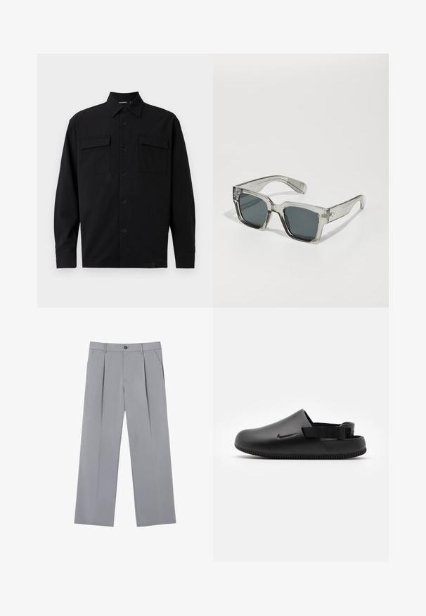 Schwarzes Langarmshirt aus glattem Stoff, mit klassischem Kragen, vorderen Knöpfen und zwei Brusttaschen. Einfaches Design ohne Muster.; Grau gefaltete Hose mit entspannter Passform, aus leichtem Stoff gefertigt. Verfügt über Vordertaschen und einen Knopfverschluss an der Taille.; Schwarze geformte Clogs mit glatter Textur, einem Hinterriemen für Stabilität und einer geriffelten Sohle für Grip. Mit kleinem Logo an der Seite.; Klare, übergroße Sonnenbrillen mit dunklen Gläsern, ausgestattet mit einem massiven rechteckigen Rahmen und strukturierten Bügelakzenten. Hergestellt aus transparentem Kunststoff.