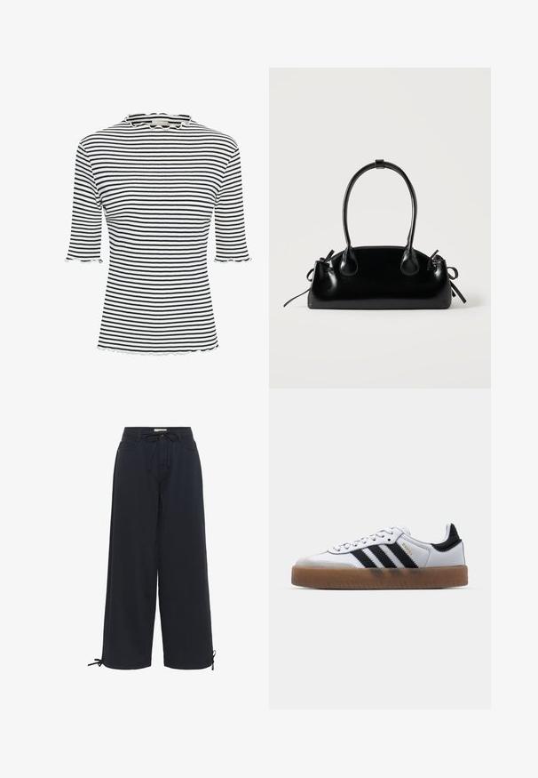 Top à rayures noires et blanches avec une texture côtelée, col rond et manches courtes à bord festonné. Présente une silhouette ajustée et une longueur cropped.; Pantalons larges noirs en tissu doux, avec une taille élastiquée et des liens réglables aux chevilles pour un ajustement personnalisable.; Baskets en cuir blanc avec des rayures noires, semelle extérieure en caoutchouc beige, bout rond, fermeture lacée et embout en suède gris doux.; Petit sac à main noir brillant avec deux longues anses et des détails à cordon sur les côtés sur un fond clair uni.