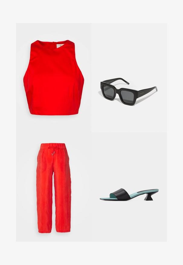 Sara Battaglia CROP - Μπλούζα - aperol; Κόκκινο, ελαφρύ παντελόνι με ελαστική μέση και κορδόνι. Διαθέτει χαλαρή, ίσια γραμμή και ελαφρώς υφή υφάσματος.; Μαύρο mule με ανοιχτά δάχτυλα, με φαρδιά λωρίδα, τυρκουάζ εσωτερική σόλα και κοντό, μοναδικά σχηματισμένο τακούνι τύπου block σε λευκό φόντο.; Μαύρα τετράγωνα γυαλιά ηλίου με σκούρους φακούς, χοντρό πλαστικό σκελετό και κομψές βραχίονες. Διαθέτουν διακριτική σήμανση στο πλάι.