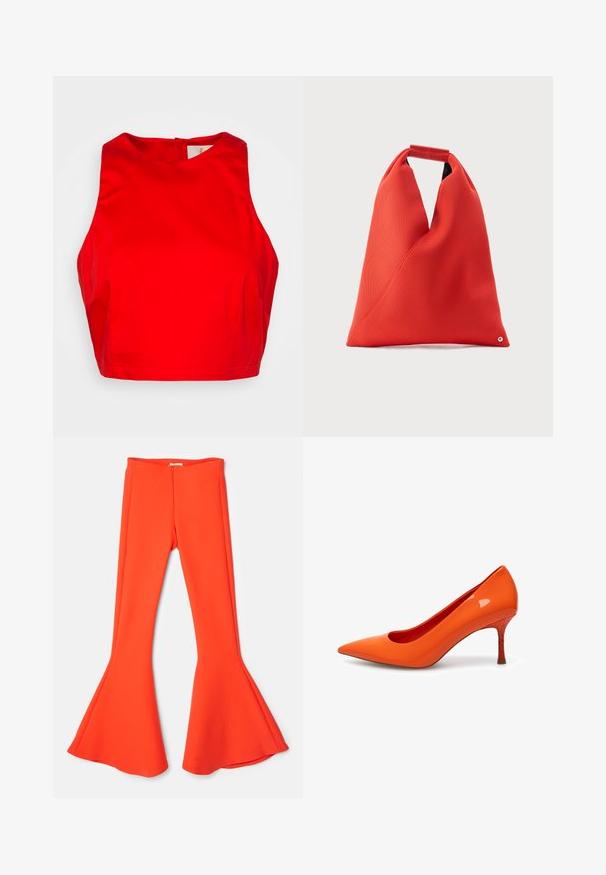 Sara Battaglia CROP - Top - aperol; Helle orange Schlaghosen aus glattem, dehnbarem Stoff. Mit hohem Bund und einem Reißverschluss auf der Rückseite.; Woden WODEN - Pumps - tiger; Rote dreieckige Stofftasche mit einem gefalteten oberen Griff und kleinem silbernem Knopfdetail auf einfarbigem Hintergrund.