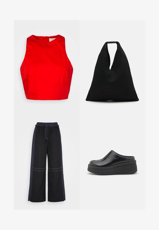 Sara Battaglia CROP - Top - aperol; 3.1 Phillip Lim COMBO UTILITY PANT - Nohavice - black eclipse; Čierne lesklé platformové dreváky s zaoblenou špičkou, zakriveným vrchom a kontrastným bielym prešívaním pozdĺž okraja podrážky.; Čierna textilná taška s unikátnym V-tvarom a hladkou textúrou. Obsahuje krátku rúčku s minimalistickými kovovými detailmi.
