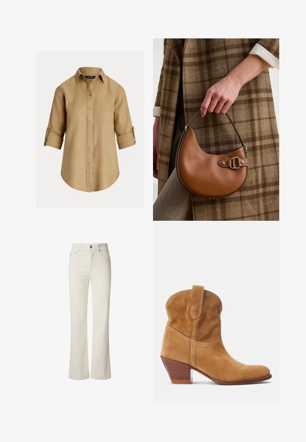 Lysebrun linnedragt med knappet front, ærmer der kan rulles op, og klassisk krave. Har en afslappet pasform og glat tekstur.; Hvide flagrende jeans lavet af denim. Har en høj talje, fem lommer og metallisk knaplukning. Glat tekstur uden synlige mønstre.; Polo Ralph Lauren CALFSKIN SUEDE WESTERN BOOT - Cowboy- / bikerstøvlette - caramel; Hånd holder brun læder måneformet håndtaske med sølv spænde, iført brun ternet frakke og hvid manchetærme.