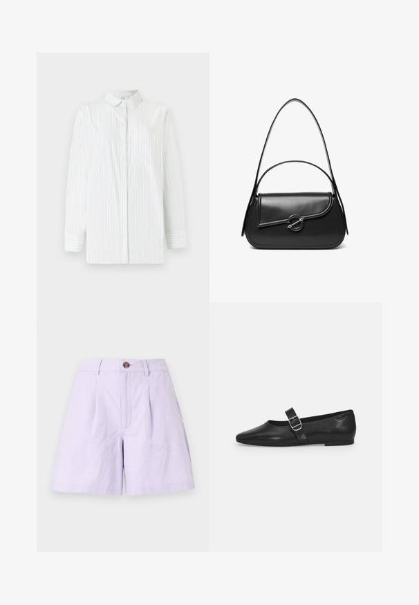 Weißes Langarmhemd mit hellblauen vertikalen Streifen. Verfügt über einen spitzen Kragen, eine Brusttasche und eine Knopfleiste. Glatte Textur.; Lila Shorts aus leichtem Stoff mit einer gefältelten Vorderseite, einem Knopfverschluss, Gürtelschlaufen und seitlichen Taschen. Saubere Kanten und klassisches Design.; Schwarzer Lederflatschuh mit runder Zehenform, einem verstellbaren Schnallenriemen und einer glatten, glänzenden Oberfläche. Minimalistisches Design mit einem niedrigen Absatz.; Schwarze Lederschultertasche mit einer geschwungenen Klappe, die durch einen runden Metallverschluss gesichert ist, und einem schlanken, verstellbaren Riemen.