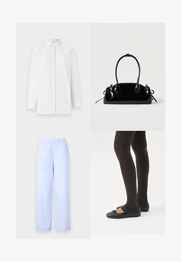 Witte blouse met lange mouwen en lichtblauwe verticale strepen. Heeft een puntige kraag, een voorzak en een knoopsluiting. Soepele textuur.; Lichtblauwe gestreepte broek met een elastische tailleband, wijde pijpen, zijzakken en een gladde textuur. Geen extra versieringen.; Benen met donkere geribbelde leggings gecombineerd met zwarte ballerina's met kleine strikdetails op een witte achtergrond.; Kleine zwarte glanzende handtas met twee lange hengsels en zijkant trekkoord details op een effen lichte achtergrond.