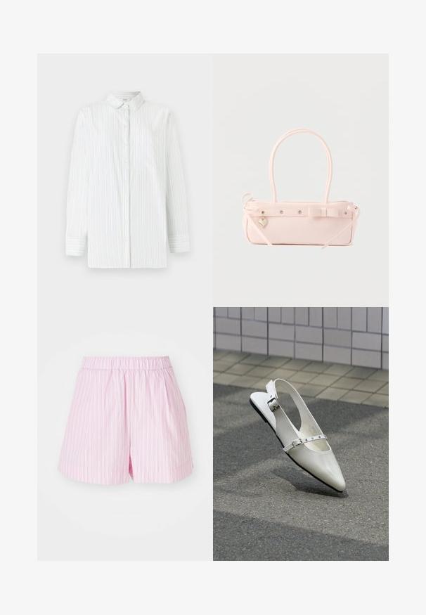 Weißes Langarmhemd mit hellblauen vertikalen Streifen. Verfügt über einen spitzen Kragen, eine Brusttasche und eine Knopfleiste. Glatte Textur.; Hellrosa Shorts mit weißen vertikalen Streifen, verfügen über einen elastischen Bund und einen lockeren Schnitt, hergestellt aus weichem, leichtem Stoff.; Weißer spitzer Slingback-Slipper mit zwei silbernen Schnallen, abgebildet im Freien auf strukturiertem Boden und gefliester Wand im Hintergrund.; Blassrosa rechteckige Handtasche mit doppelten Griffen, dekorativer Schleife, Metallösen und kleinem herzförmigem Anhänger vor einfarbigem Hintergrund.