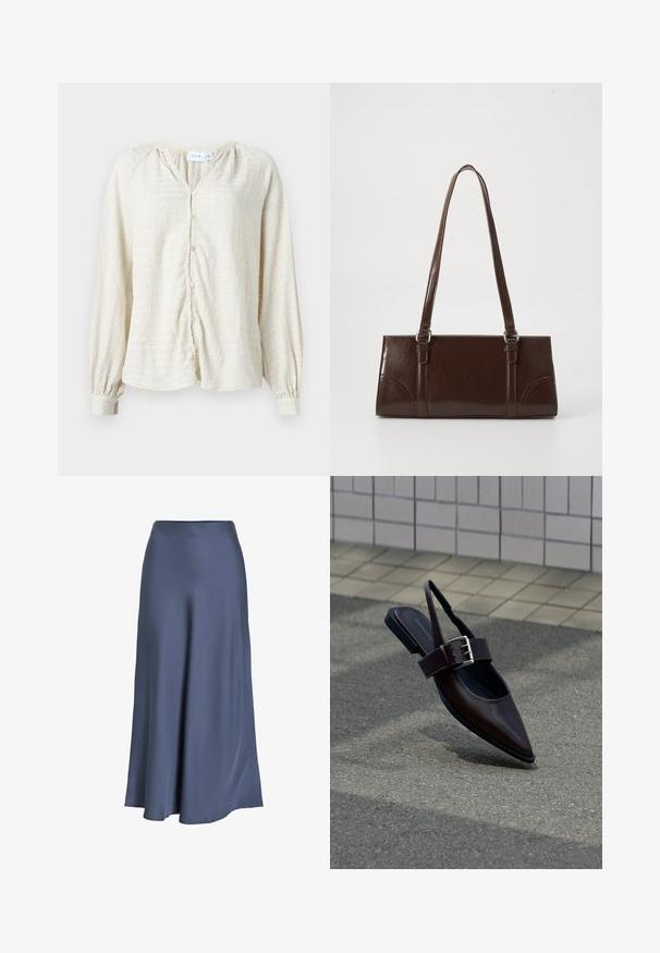 Blouse crème texturée à manches longues avec des boutons sur le devant et des poignets élastiques, dotée d'un col en V et d'épaules froncées.; Jupe A-line en satin bleu profond. Texture lisse, longueur au sol, avec une taille ajustée et un ourlet évasé. Pas de motifs ni de matériel visible.; Chaussure plate à bout pointu marron foncé avec bride arrière, large sangle et grande boucle argentée sur l'asphalte près d'un mur carrelé.; Sac à main en cuir verni marron de forme rectangulaire, avec deux longues poignées et des accents courbés subtils à l'avant.