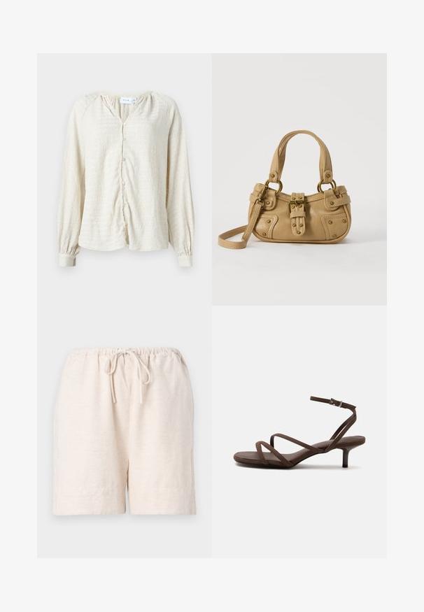 Blouse crème texturée à manches longues avec des boutons sur le devant et des poignets élastiques, dotée d'un col en V et d'épaules froncées.; Shorts beige clair en tissu texturé, dotés d'une taille élastique avec cordon de serrage et de poches sur les coutures latérales.; Sandale marron à talons hauts avec fines lanières croisées et bride de cheville avec boucle argentée sur fond blanc.; Sac à main en cuir beige avec double poignées, boucle en laiton et détails rivetés, ainsi qu'une bandoulière réglable sur fond blanc.