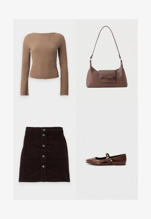 Brauner, strukturierten, langärmliger, enganliegender Oberteil mit einem Bootsausschnitt und einem dezenten Waffelmuster.; Brauer Corduroy-Rock mit figurbetontem Design, vorderer Knopfverschluss, zwei seitlichen Taschen und vertikaler Rippstruktur über die gesamte Fläche.; Braune Lackleder-Ballerinas mit quadratischer Zehenform und Riemen mit einer kleinen goldenen Schnalle. Glatte Textur, niedriger Absatz und minimalistisches Design.; Braune Leder-Umhängetasche mit einer vorderen Klappentasche, die ein gestepptes Schleifendetail und einen verstellbaren Riemen aufweist.