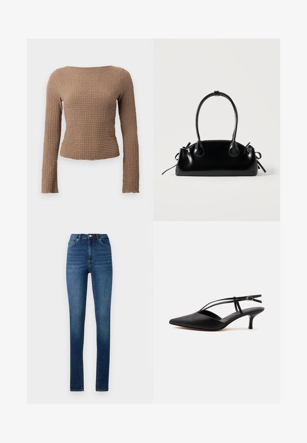 Brauner, strukturierten, langärmliger, enganliegender Oberteil mit einem Bootsausschnitt und einem dezenten Waffelmuster.; Hochgeschnittene Skinny-Jeans aus mittelblauem Denim mit klassischem Fünf-Taschen-Design und Knopfverschluss.; Schwarzer Leder-Kitten-Heel mit spitzer Schuhspitze, dünnem Knöchelriemen und Schnalle, Slingback-Design, auf hellem einfarbigem Hintergrund.; Kleine schwarze glänzende Handtasche mit zwei langen Griffen und seitlichen Kordelzug-Details vor einfachem hellem Hintergrund.