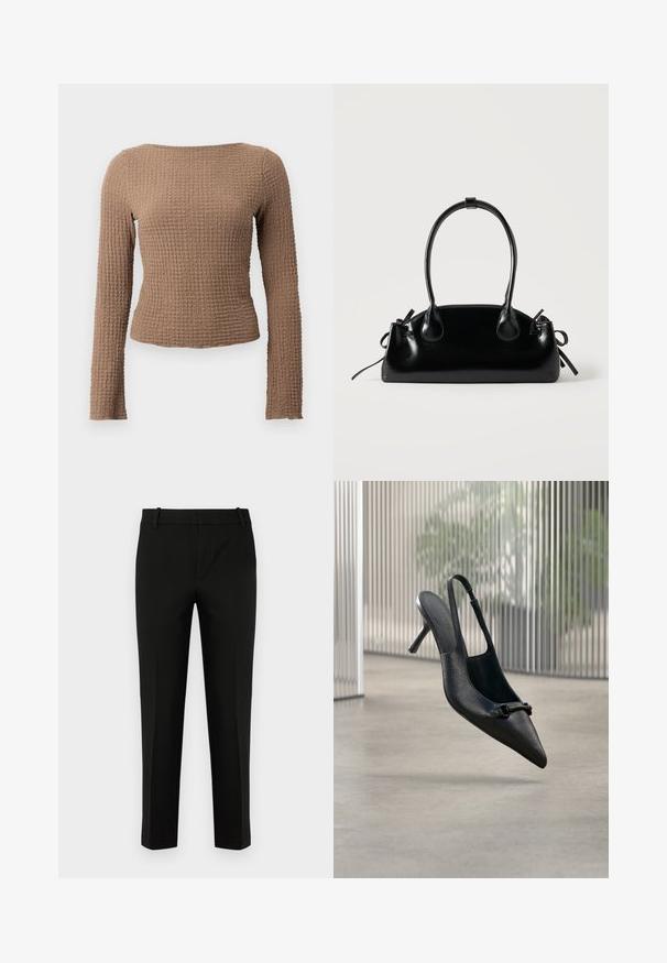 Brun tekstureret langærmet fitted top med bådhals og et subtilt vaffelmønster.; Sort bukser med slim fit, der har flad front, sidelommer og en glat tekstur. Designet med mellemhøj talje og tapered ben.; Sort tekstureret læder slingback højhælet sko med spids tå og lille dekorativ spænde, svævende over en glat gulv.; Lille sort blank håndtaske med to lange håndtag og snøre-detaljer i siden på en ensfarvet lys baggrund.