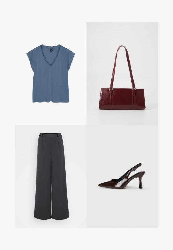 Blouse bleue à manches courtes avec col en V orné de dentelle et coupe ample, présentée à plat sur fond blanc.; Pantalons ample en tissu gris foncé. Caractéristiques des plis à l'avant et deux boutons décoratifs sur la taille. Texture lisse et coupe ajustée.; Talons slingback en cuir verni brun avec un bout pointu, un talon fin, et une sangle réglable avec une petite boucle.; Sac à main bordeaux en matériau brillant, de forme rectangulaire, avec deux anses et des accents légèrement courbés à l'avant.