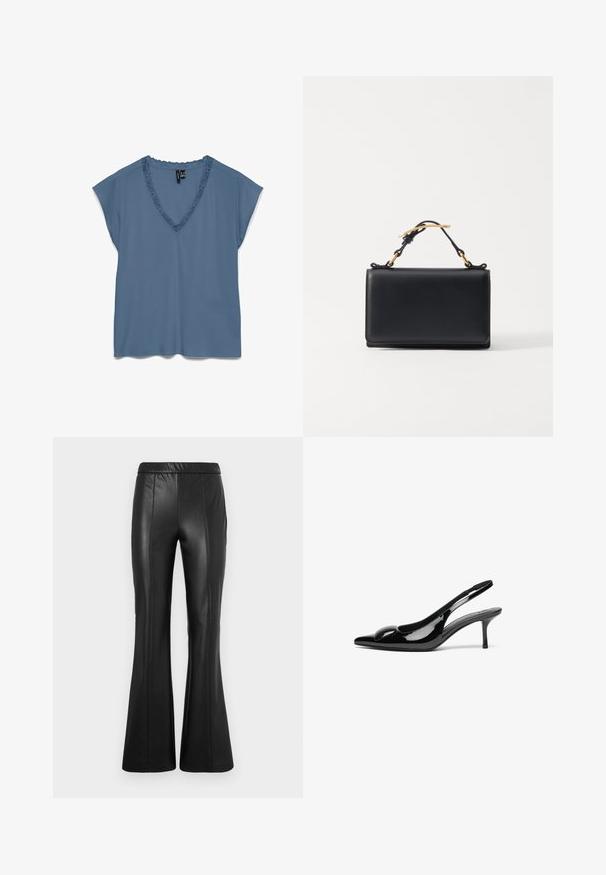 Blå bluse med korte ærmer, V-hals med blonderand og løs pasform, vist fladt på hvid baggrund.; ONLY ONLJESSIE PANTS - Bukser - black; Sorte laklæder slingback hæle med spidse tæer og en blank finish. Har en slank hæl og en rund detalje ved vampen.; Sort læderhåndtaske med rektangulær form, der har en top-håndtag og hardware i guldtonet. Glat tekstur, minimalistisk design.