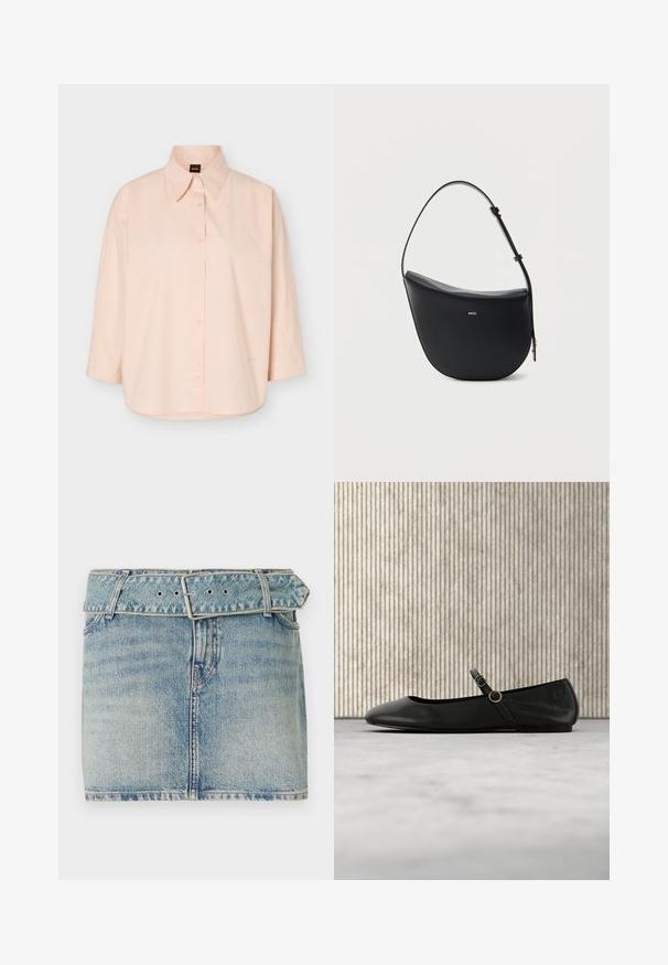 Chemise boutonnée rose clair à manches longues, col pointu, avec une étiquette noire portant l'inscription "BOSS" en orange à l'intérieur du col.; Jupe en denim mini avec un délavage bleu clair, dotée d'une taille ceinturée avec une boucle en métal, cinq poches et un léger effet dégradé pour la texture.; Ballerine en cuir noir avec bout arrondi, dotée d'une fine lanière et d'une boucle circulaire dorée. Texture lisse et design minimaliste.; Sac à bandoulière en cuir noir en forme de demi-lune avec une bandoulière réglable et le logo doré « BOSS » centré sur le devant.