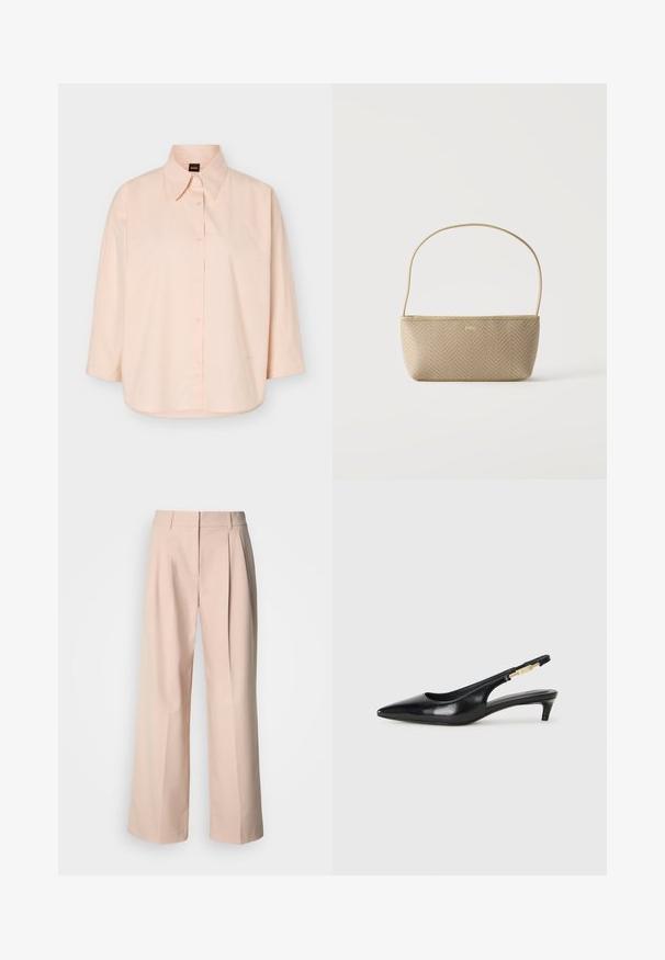 Chemise boutonnée rose clair à manches longues, col pointu, avec une étiquette noire portant l'inscription "BOSS" en orange à l'intérieur du col.; Pantalon à jambes larges en tissu rose clair, avec plis avant, taille haute et texture lisse. Design simple sans motifs visibles.; Talons hauts en cuir noir avec un bout pointu, dotés d'un talon fin et d'un accent en ton or sur la lanière réglable. Texture lisse.; Sac à main tissé beige avec fine bandoulière et petit logo doré "BOSS" à l'avant, présenté sur fond blanc uni.