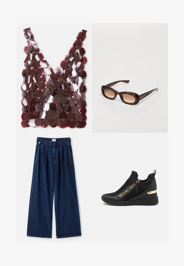 Top en V en pétales superposés et brillants de couleur bordeaux, reliés par des éléments en métal argenté, avec une surface texturée et un design léger.; Pantalon en denim bleu à jambe large avec plis, doté d'une taille haute, de poches avant et d'une finition texturée. Le tissu est épais et robuste.; Baskets de sport noires avec panneaux en maille, détails du logo doré, design à enfiler et semelle compensée pour une hauteur supplémentaire. Semelle en caoutchouc.; Lunettes de soleil en écaille de tortue avec une monture lisse et surdimensionnée. Verres dégradés et logo doré en accent sur les branches. Branches courbées.