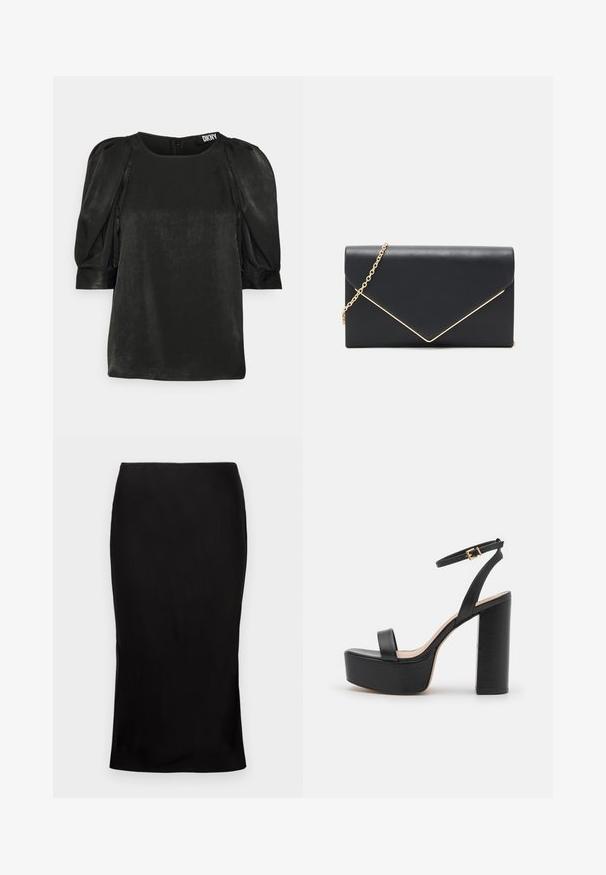 DKNY Μπλούζα - black; Μαύρη, εφαρμοστή midi φούστα με λεία υφή, λεπτομέρεια με σχισμή στο πλάι και κλασική μέση. Σχεδιασμένη για μια κομψή σιλουέτα.; Μαύρες ψηλοτάκουνες σανδάλια με παχιά πλατφόρμα, λεία υφή δέρματος, λουράκι στον αστράγαλο με χρυσό κούμπωμα και τετράγωνη block τακούνι.; Μαύρο τσαντάκι από τεχνητό δέρμα με χρυσό αλυσίδα. Διαθέτει δομημένο σχέδιο φακέλου με διαγώνια χρυσή λεπτομέρεια κατά μήκος του κλεισίματος.