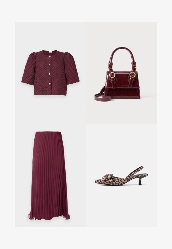Korte bordeaux gekleurde textuurjacket met opbollende mouwen en vier zilveren knopen aan de voorkant tegen een lichte achtergrond.; Lange bordeauxrode geplooide rok van lichtgewicht stof met een elastische tailleband en een licht gerimpelde zoom. Geweven verticale plooien door de hele rok.; Puntige slingback hakken in panterprint stof met een strikaccent, voorzien van een lage zwarte hak en een soepele textuur.; Bordeaux lakslederen handtas met dubbele bovenhandvatten, gouden hardware accenten en een afneembare schouderriem. Rectangulaire vorm met contrasterende stiksels.
