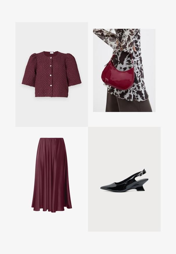 Korte bordeaux gekleurde textuurjacket met opbollende mouwen en vier zilveren knopen aan de voorkant tegen een lichte achtergrond.; Bordeaux lange rok van soepele, glanzende stof met een vloeiende uitstraling en een elastische tailleband. Geen patronen of accenten aanwezig.; Zwarte lakleren slingback schoen met spitse neus en lage schuine blokhak op een effen lichte achtergrond.; Vrouw met een zwart-wit gebloemde blouse houdt een glanzende rode schoudertas vast tegen een effen achtergrond.