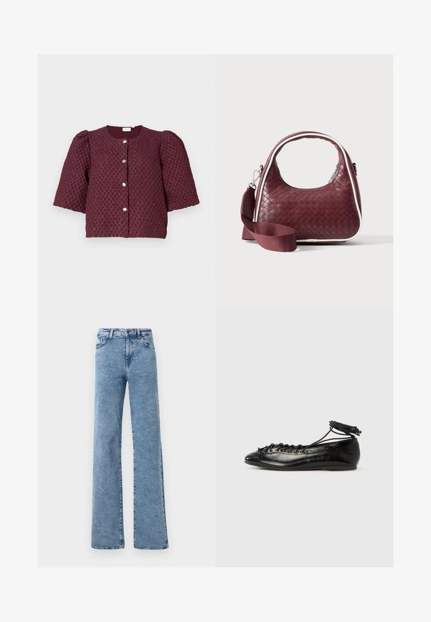 Lühike burundia tekstuuriga jakk koos puhvärvidega ja nelja hõbedase nupuga ees, heleda tausta vastu.; Noisy May Straight fit NMYOLANDA - Wide leg - medium blue denim; Mustad lakknahast baleriinakingad ümarate varvastega, paelaga kinnitatavad ja madala tallaga. Sile tekstuur, vähese kujundusega.; Väike bordoopunutud nahkkäekott kumerate käepidemete, valgete äärte, hõbedase tõmblukuga ja eemaldatava laiast kangast õlarihmaga lihtsa taustaga.