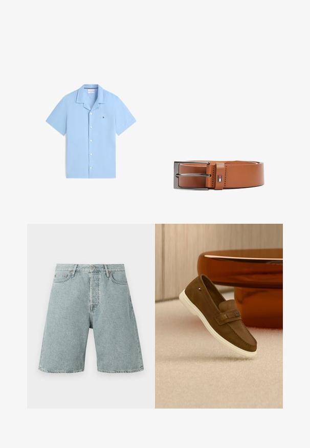Lichtblauw kortärmelig overhemd met knopen, kraag en klein logo op de linkerborst, plat gelegd op een witte achtergrond.; Lichtblauwe denim shorts met een relaxed fit, vijf zakken en een knoopsluiting. Verweerde textuur met zichtbare stikdetails.; Bruine suède loafer met witte zool en metalen detail, zwevend boven een licht tapijt naast een glanzend bruin rond meubelstuk.; Bruine leren riem met een gladde textuur, zilveren metalen gesp en een kleine logoaccent in rood, wit en blauw nabij de gesp.