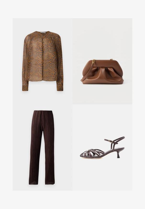 Blouse à manches longues imprimée animal brun et noir avec des boutons recouverts de tissu et un col arrondi sur un fond blanc.; Pantalons marron à large jambe avec une texture plissée, taille haute et design fluide. Fabriqués en tissu léger. Aucun fermoir visible.; Sandale à talon kitten en cuir marron foncé avec lanières et bride de cheville réglable à boucle sur fond blanc.; Pochette en cuir marron avec design froncé, quincaillerie dorée et bracelet amovible, sur fond blanc.