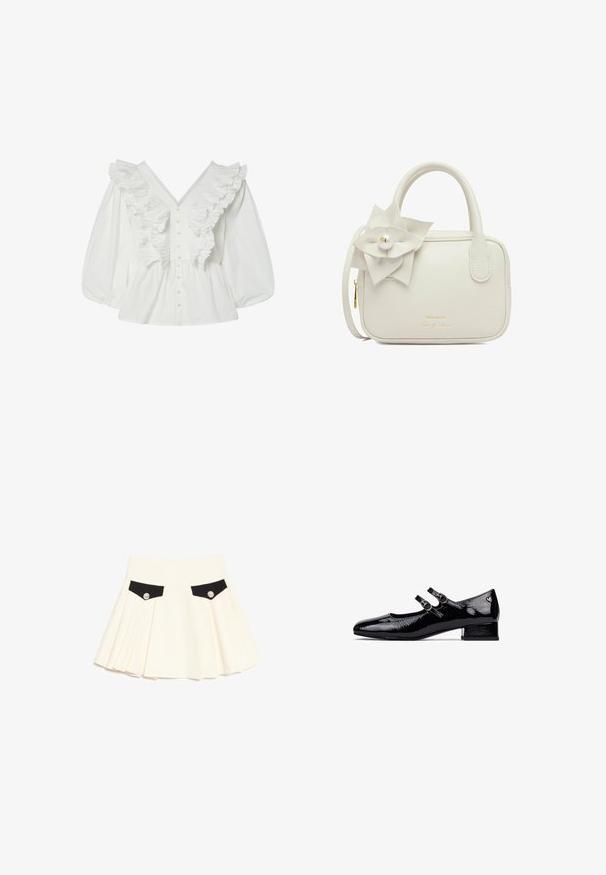 Witte blouse met een diepe V-hals, pofmouwen en geribbelde voorkant. Gemaakt van katoen met knoopsluiting en gestructureerde accenten.; Crèmewitte geplooide rok met zwarte kleppen op de voorkant, elk bevestigd met een enkele decoratieve zilveren knoop.; Zwarte gepatineerde leren Mary Jane-schoenen met een lage blokhak, dubbel bandontwerp en ronde metalen gespen. Glad, glanzend oppervlak.; Witte rechthoekige handtas met afgeronde hoeken, gebogen handvatten, een grote bloemdecoratie en gouden Gino Rossi branding.