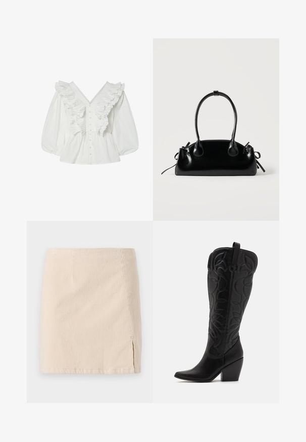Chemisier blanc avec un décolleté en V profond, des manches bouffantes et des détails volantés à l'avant. Fabriqué en coton avec une fermeture à boutons et des accents texturés.; Jupe mini en velours côtelé beige avec une texture à côtes verticales, dotée d'une fente sur le côté pour un détail supplémentaire. L'ourlet est droit et cousu de manière uniforme.; Bottes hautes en cuir noir jusqu'aux genoux avec bout pointu et talon empilé. Caractéristiques de coutures décoratives et éléments de design courbés.; Petit sac à main noir brillant avec deux longues anses et des détails à cordon sur les côtés sur un fond clair uni.