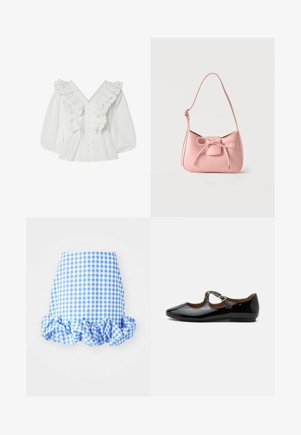 Chemisier blanc avec un décolleté en V profond, des manches bouffantes et des détails volantés à l'avant. Fabriqué en coton avec une fermeture à boutons et des accents texturés.; Jupe vichy bleue et blanche avec un ourlet cranté. Présente une silhouette ajustée et une texture de tissu douce. Le motif est composé de petits carrés à carreaux.; Chaussure plate Mary Jane en cuir verni noir avec deux découpes et une bride à boucle dorée sur fond blanc.; Petit sac bandoulière rose pastel avec sangle réglable et détail nœud à l'avant avec extrémités dorées sur un fond uni.