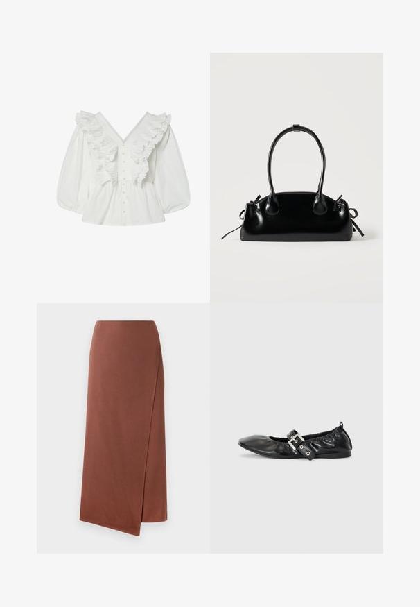 Chemisier blanc avec un décolleté en V profond, des manches bouffantes et des détails volantés à l'avant. Fabriqué en coton avec une fermeture à boutons et des accents texturés.; Jupe longue marron en tissu lisse avec une silhouette droite. Présente une fente sur le côté pour faciliter les mouvements. Design uni sans motifs.; Chaussure plate en cuir noir avec un nez pointu, des détails froncés autour de l'ouverture et un accent en boucle argentée sur la bride ajustable.; Petit sac à main noir brillant avec deux longues anses et des détails à cordon sur les côtés sur un fond clair uni.