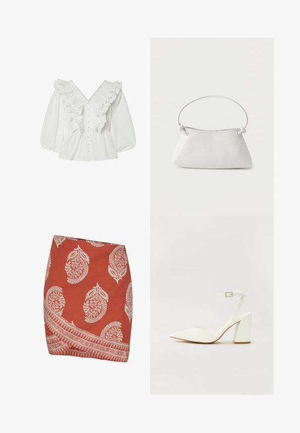 Witte blouse met een diepe V-hals, pofmouwen en geribbelde voorkant. Gemaakt van katoen met knoopsluiting en gestructureerde accenten.; Roestkleurige rok met witte paisley- en bloempatronen. Heeft een diagonale zoom en een ingewikkeld randontwerp langs de onderrand.; Witte hakken sandaal met een puntige neus, verstelbaar enkelbandje en een stevige vierkante hak. Gladde textuur met minimale stiksels.; Witte handtas van gevlochten leer met een afgeronde handgreep en uiteinden van de band die geknoopt zijn, afgebeeld tegen een effen achtergrond.