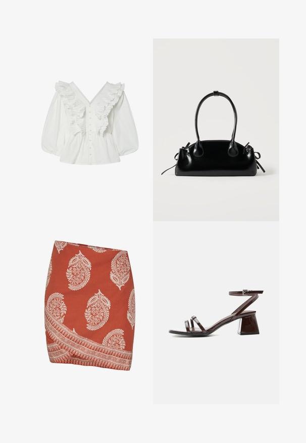 Witte blouse met een diepe V-hals, pofmouwen en geribbelde voorkant. Gemaakt van katoen met knoopsluiting en gestructureerde accenten.; Roestkleurige rok met witte paisley- en bloempatronen. Heeft een diagonale zoom en een ingewikkeld randontwerp langs de onderrand.; Donkerbruine sandalen van lakleer met blokhak, enkelriem met gesp en twee dunne bandjes over de tenen op witte achtergrond.; Kleine zwarte glanzende handtas met twee lange hengsels en zijkant trekkoord details op een effen lichte achtergrond.