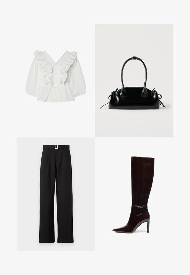 Chemisier blanc avec un décolleté en V profond, des manches bouffantes et des détails volantés à l'avant. Fabriqué en coton avec une fermeture à boutons et des accents texturés.; Pantalons larges taille haute noirs avec passants de ceinture et une boucle rectangulaire en argent sur fond blanc.; Bottes noires en cuir patent à hauteur de genou avec un bout pointu et un talon aiguille, présentant une texture lisse et brillante ainsi qu'un design épuré.; Petit sac à main noir brillant avec deux longues anses et des détails à cordon sur les côtés sur un fond clair uni.