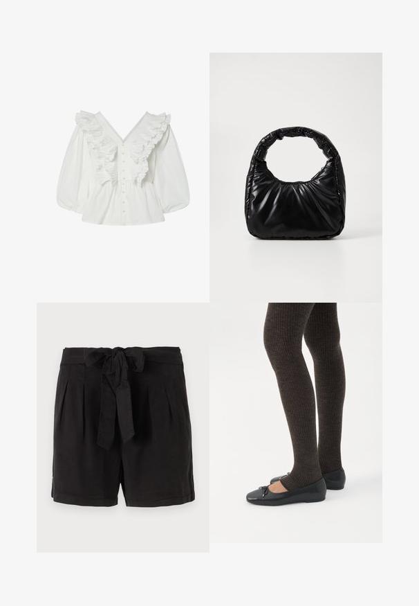 Witte blouse met een diepe V-hals, pofmouwen en geribbelde voorkant. Gemaakt van katoen met knoopsluiting en gestructureerde accenten.; Zwarte katoenen shorts met een strikgordel in de taille, plooien aan de voorkant en zijzakken. Gladde textuur en casual ontwerp.; Benen met donkere geribbelde leggings gecombineerd met zwarte ballerina's met kleine strikdetails op een witte achtergrond.; Zwarte gevoerde handtas met een ronde handgreep, met een gladde, glanzende oppervlakte en een zachte, gewatteerde textuur. Geen zichtbare metalen onderdelen of accenten.